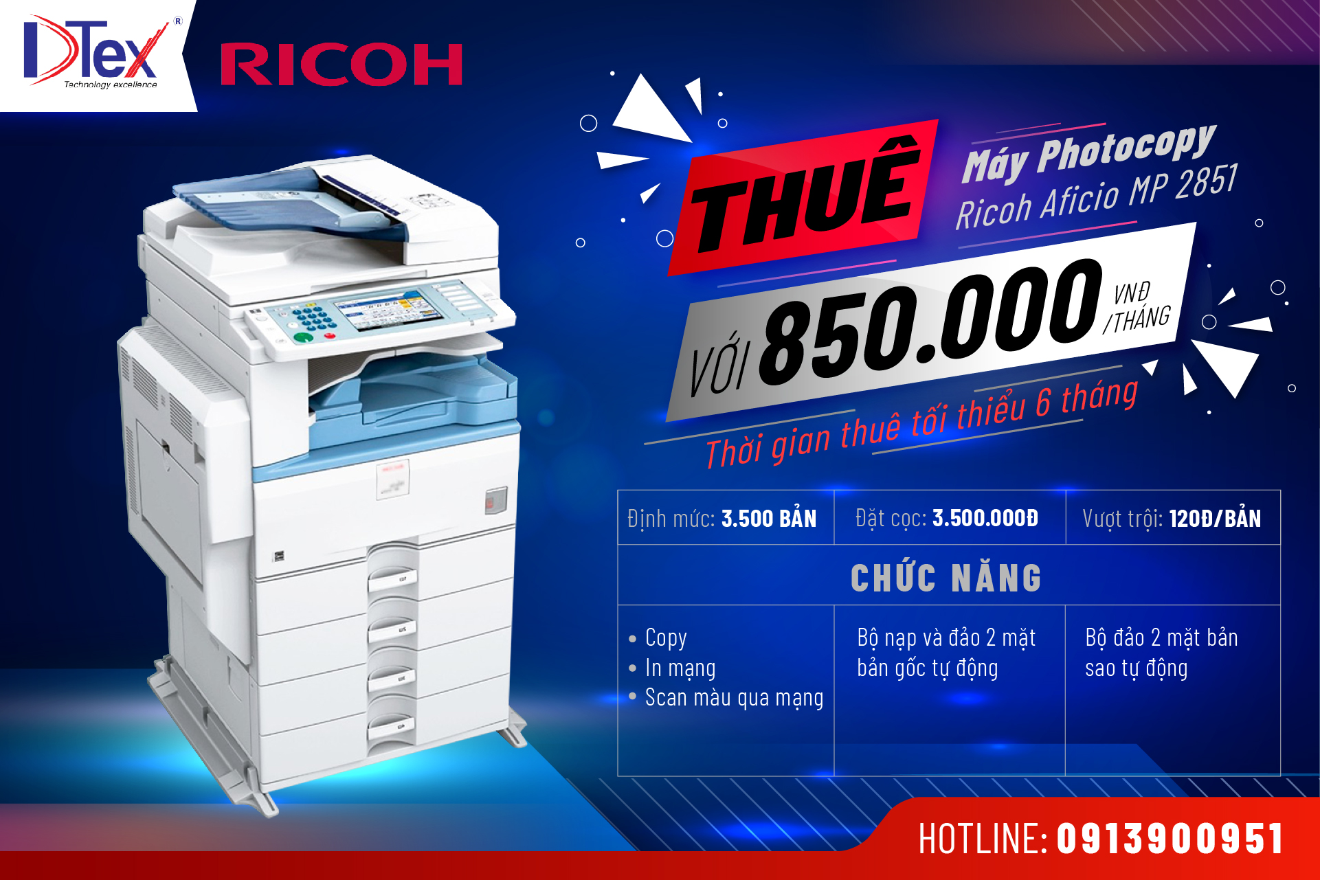 DTEX Báo giá dịch vụ cho thuê máy Photocopy Aficio MP 2851 tại TPHCM