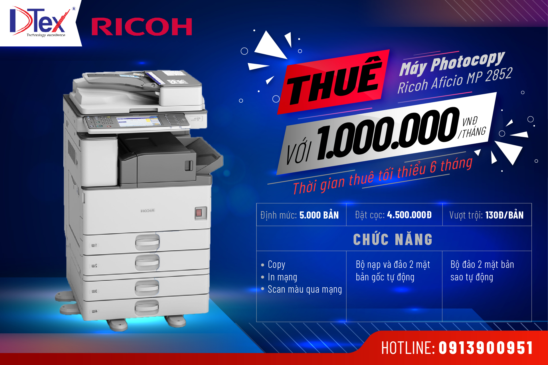 DTEX Báo giá dịch vụ cho thuê máy Photocopy Ricoh Aficio MP 2852 tại TPHCM