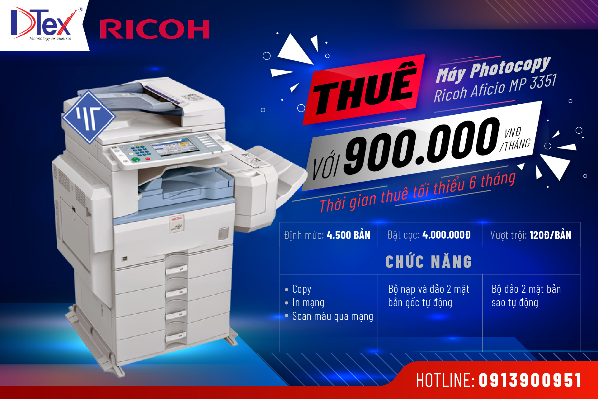 DTEX Báo giá dịch vụ cho thuê máy Photocopy Ricoh Aficio MP 3351 tại TPHCM