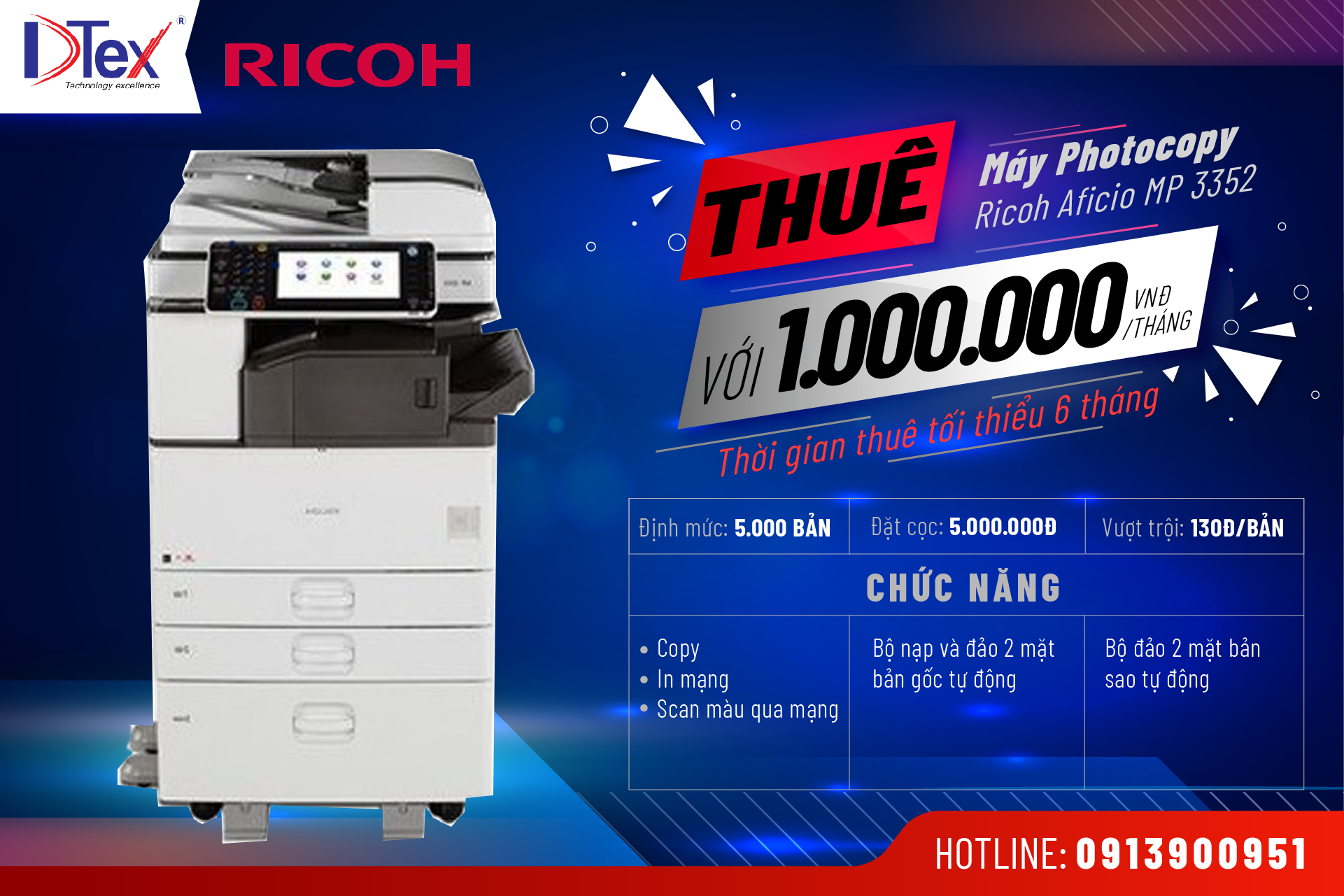 DTEX Báo giá dịch vụ cho thuê máy Photocopy Ricoh Aficio MP 3352 tại TPHCM
