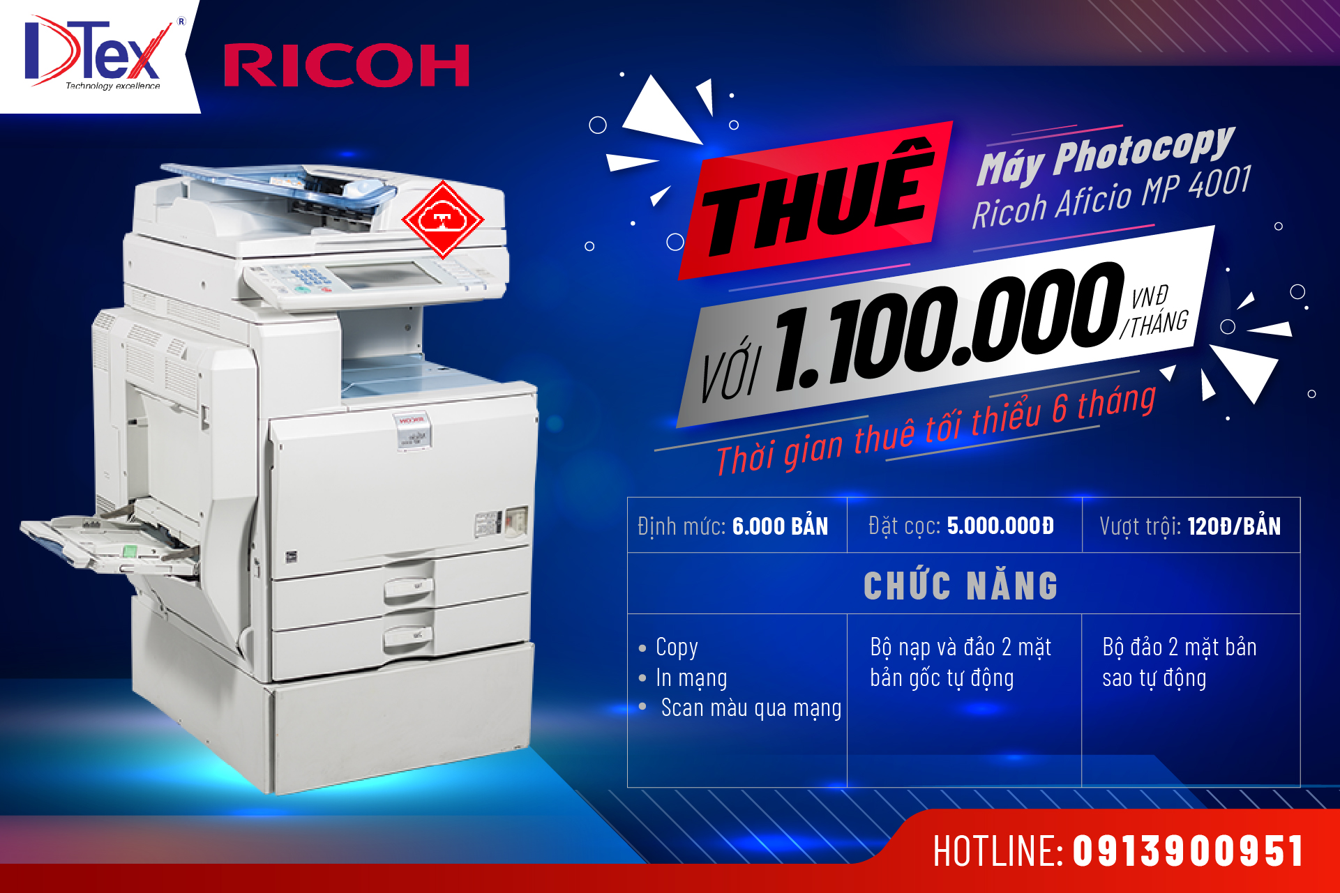 DTEX Báo giá dịch vụ cho thuê máy Photocopy Ricoh Aficio MP 4001 tại TPHCM